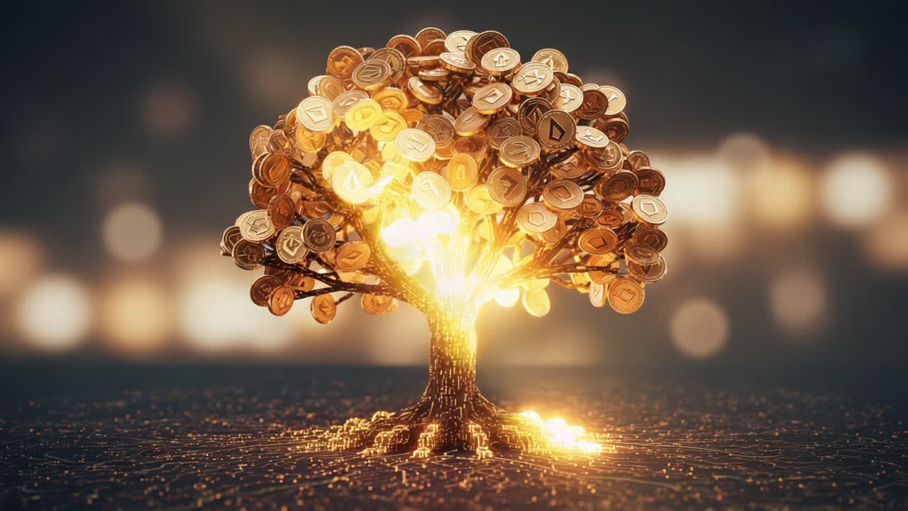 A Stunning Digital Tree Thriving with Coins Symbolizing Wealth, Growth, and Prosperity Amidst a Dreamy Background of Shimmering Lights in a Virtual World