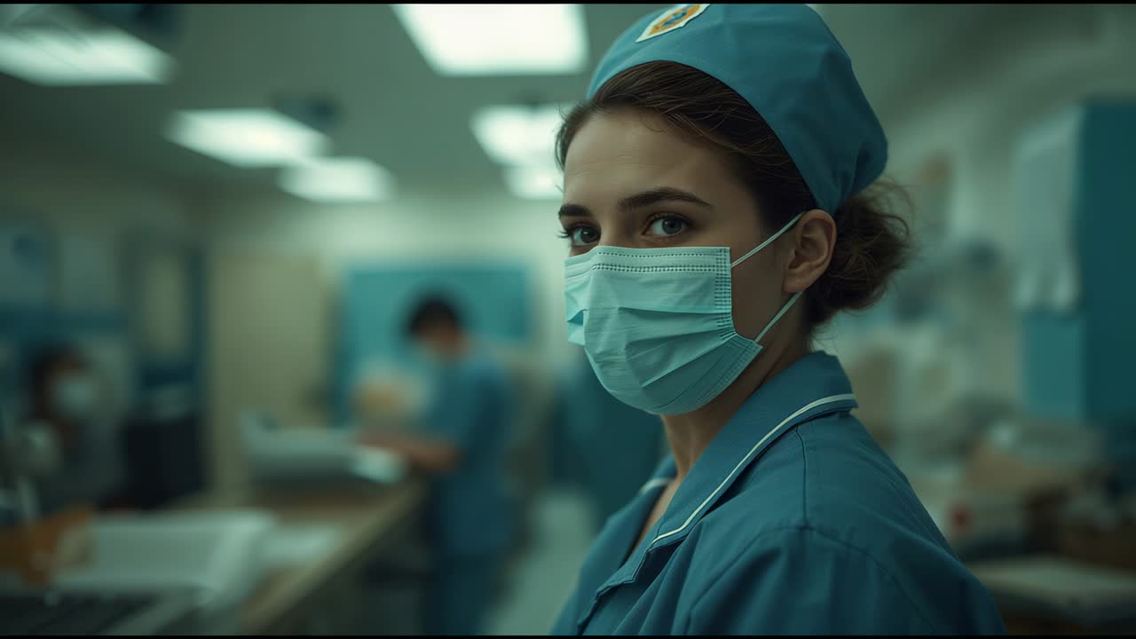 Noticing camera, nurse in teal scrubs turning head, holding gaze at nurses station, wearing mask