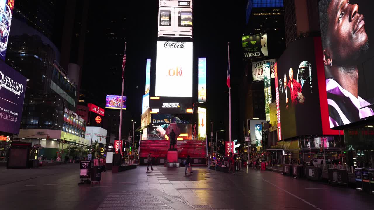 Wide shot of the bright, bustling lights of Times Square at night