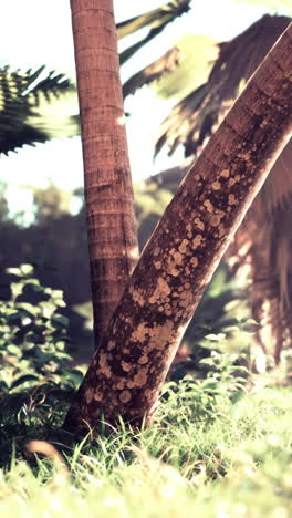 closeup of palm tree trunks in a tropical forest