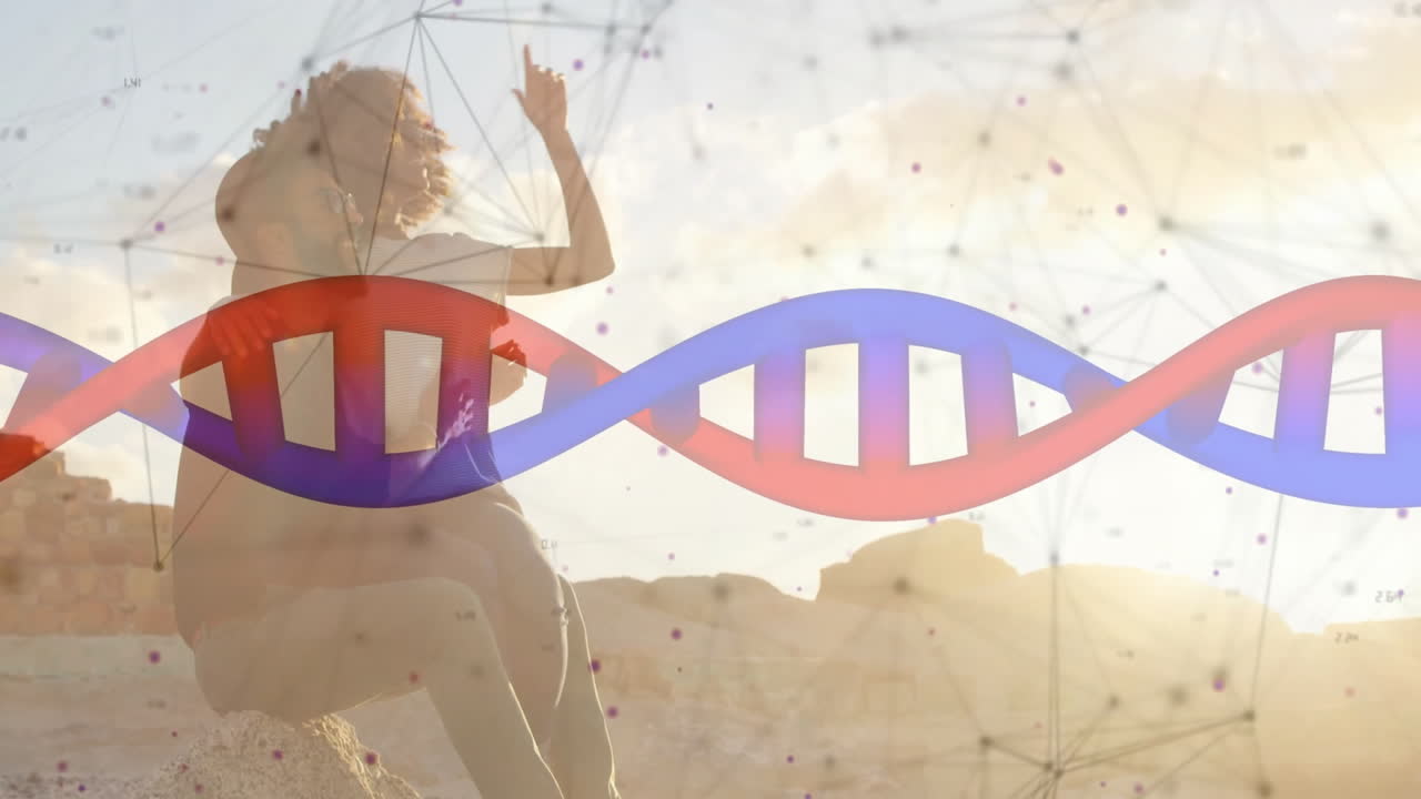 DNA strand animation over person pointing at sky in outdoor setting
