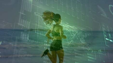 animation of data processing over fit woman running at beach