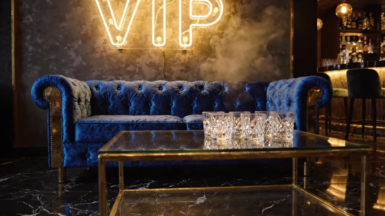 Luksuriøs VIP-lounge med blød blå sofa og elegant belysning i baren, perfekt til eksklusive sammenkomster og private sociale arrangementer.