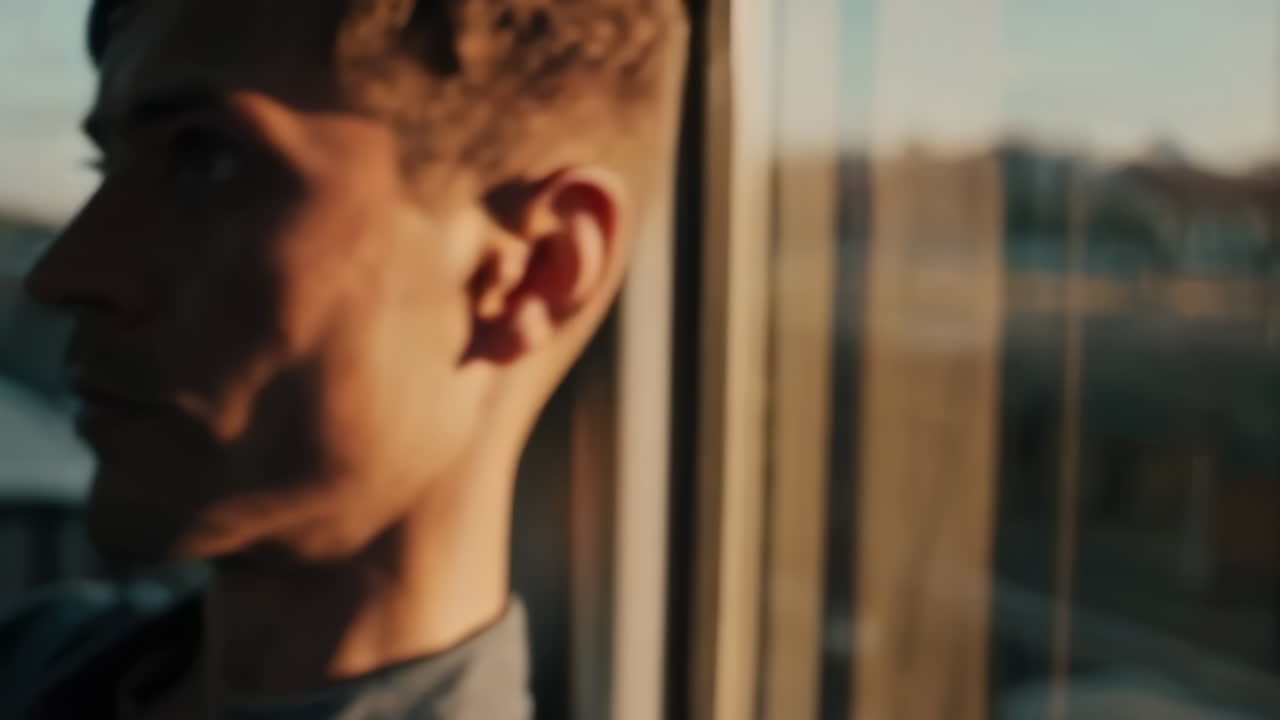 Man looking out a window at sunset