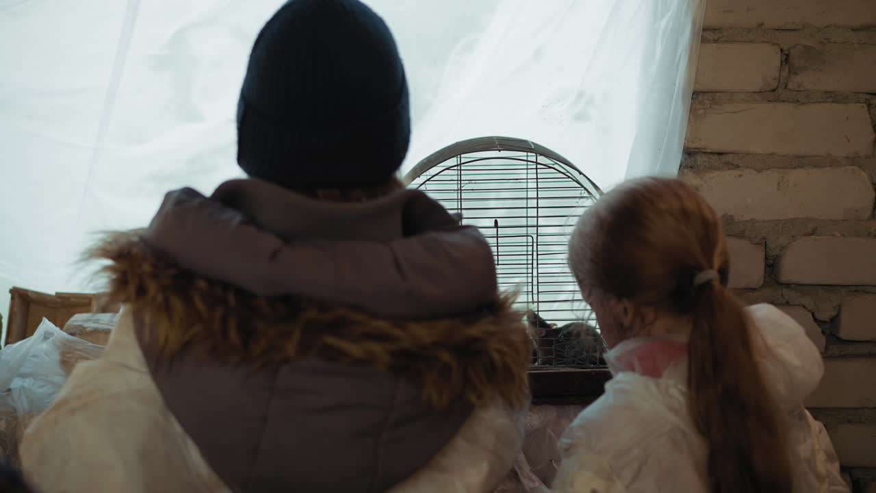 Rear view of two people wearing winter clothing, including hood and beanie, silently observing rat in wired cage against bright white curtain and brick wall