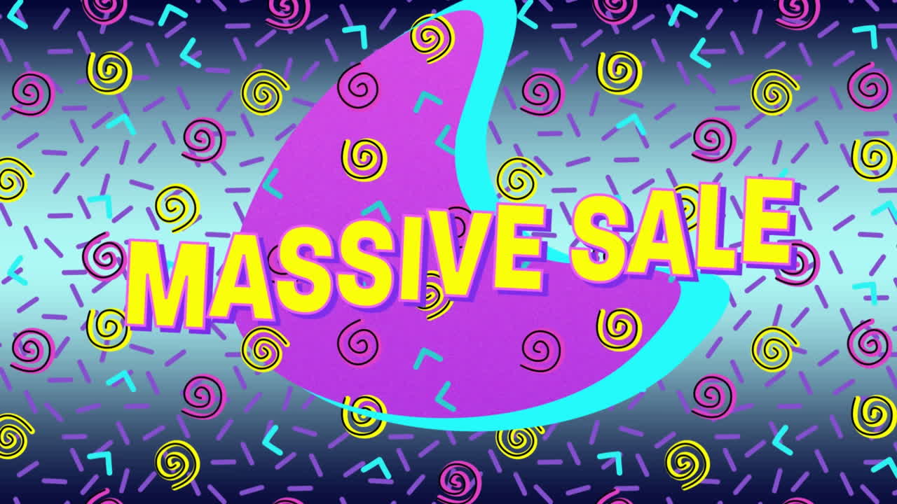 파란색 배경에 원활한 패턴으로 추상적인 모양 위에 거대한 판매 텍스트 배너의 애니메이션