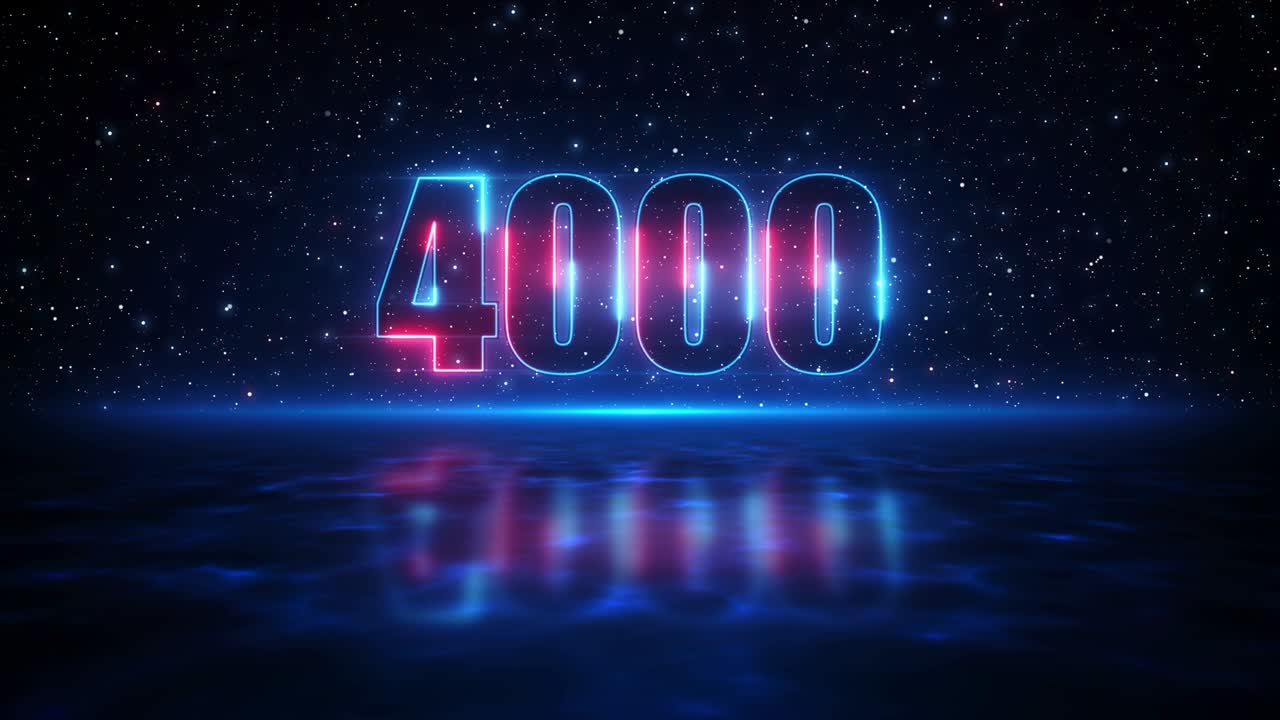 movimiento futurista rojo y azul número 4000 muestra un letrero de neón en el cielo estrellado azul oscuro del espacio y el reflejo de la luz en la superficie del agua