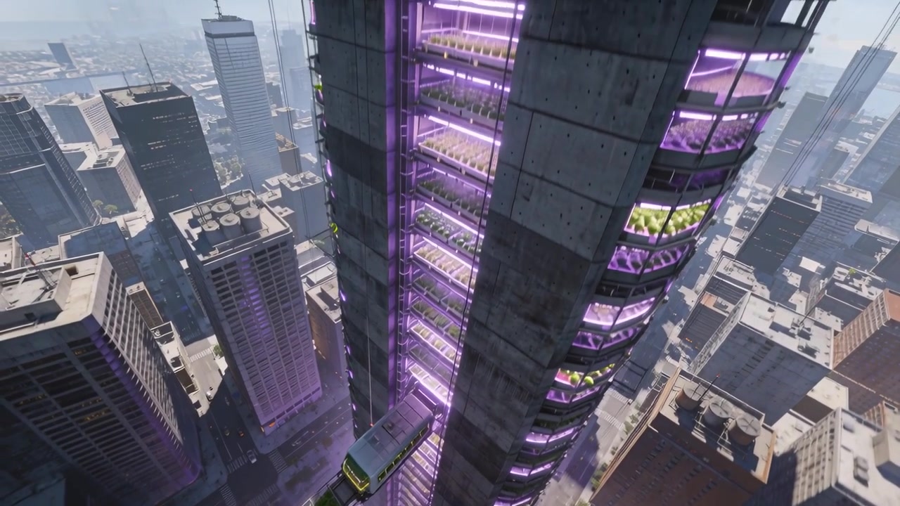 Vagone della monorotaia che si avvicina e scivola nell'attracco della torre del centro, rivelando terrazze e LED viola.