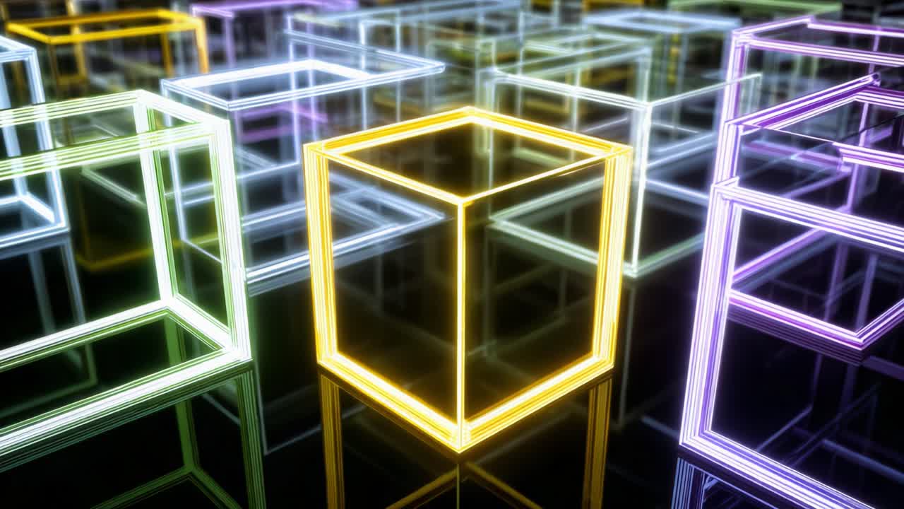 A Stunning Visualization of Abstract Neon Cubes in a Gridded Space, Creating a Mesmerizing Effect with Reflections and Colorful Illuminations that Captivate the Viewer