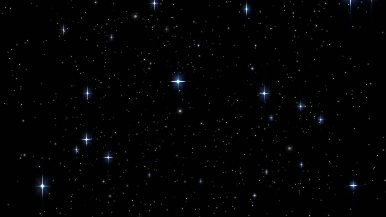 Animation of blue, grey and white pixel zigzag over glowing stars moving on black