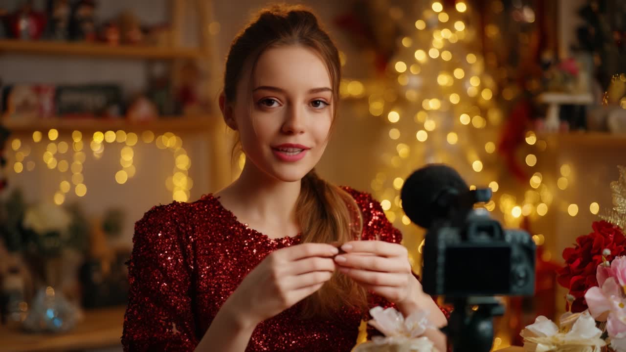 A Festive Holiday Setup Featuring a Smiling Young Woman in a Sparkling Red Outfit Engaging with a Camera Surrounded by Beautiful Decorations and Soft, Warm Lighting for a Cheerful Mood