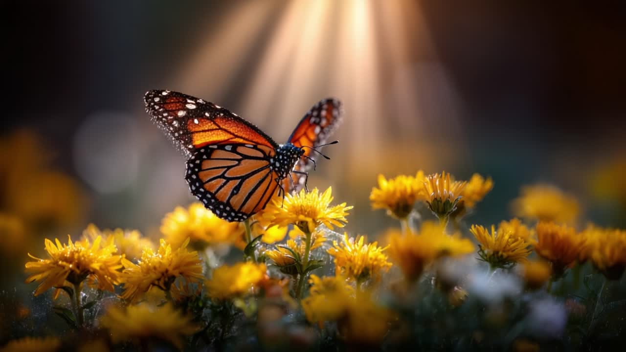 A Beautiful Monarch Butterfly Resting on Vibrant Yellow Flowers Under Glimmering Sunlight, Showcasing Nature's Splendor and Serenity in a Peaceful Ecosystem