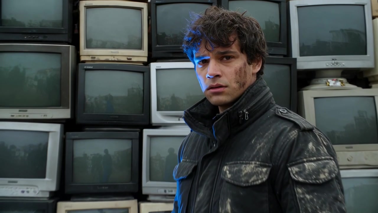 Standing man in dark jacket turning head toward approaching camera at scrapyard, with stacked CRTs