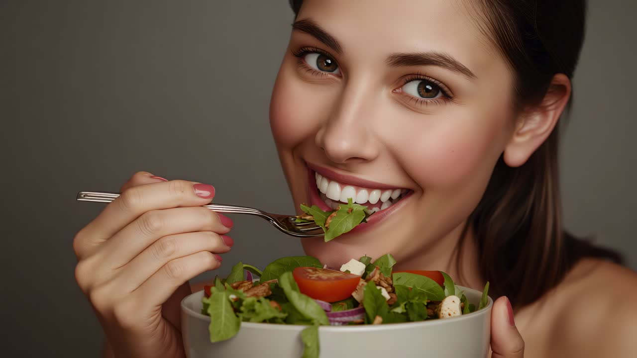 Smiling at camera in studio strapless woman lifting fork and bringing salad to mouth, holding bowl