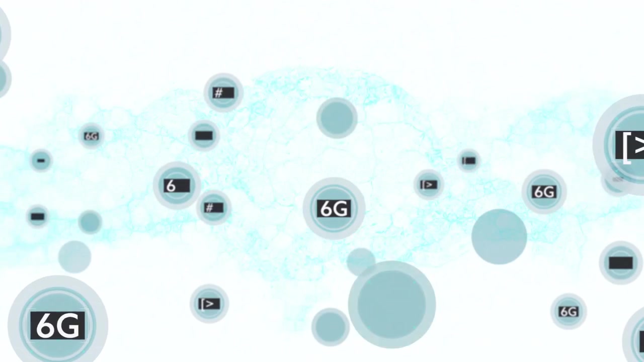 Animation of 6g text in circles over dynamic wave pattern against white background