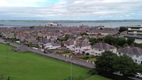 Holyhead suburban residential area aerial view overlooking Welsh ferry port harbour coastline