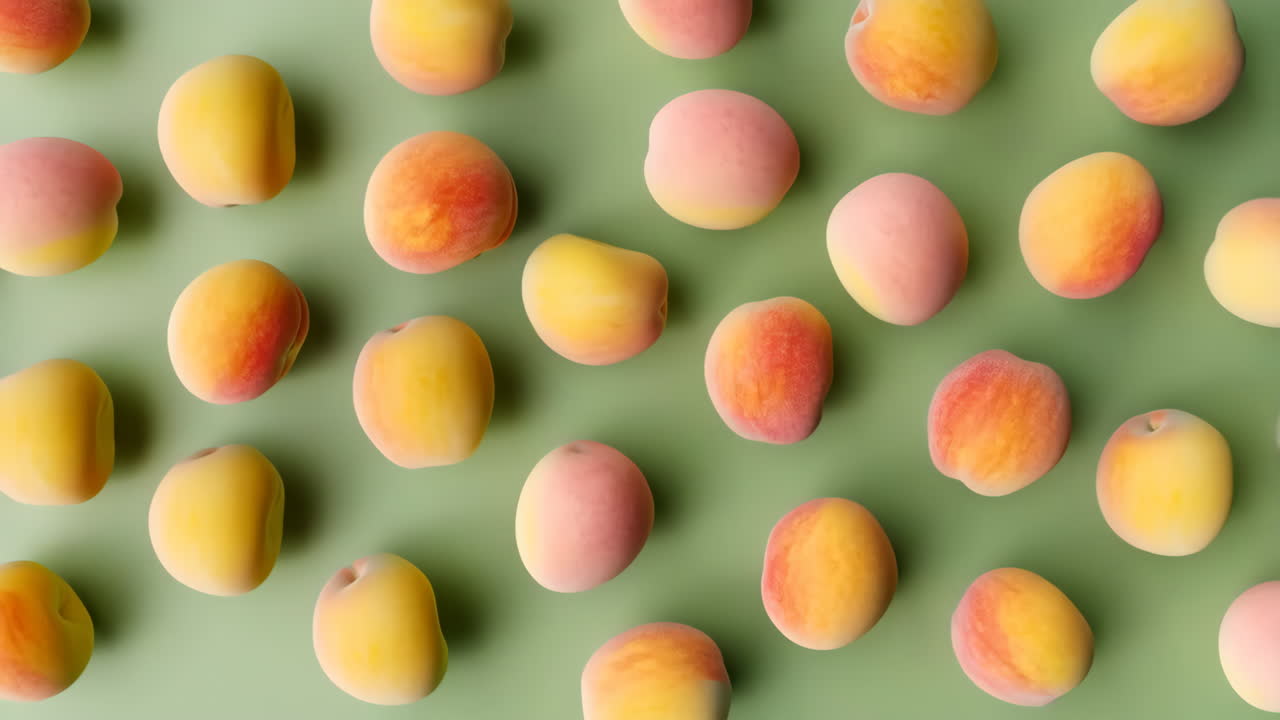 Fresh peaches scattered on a green background