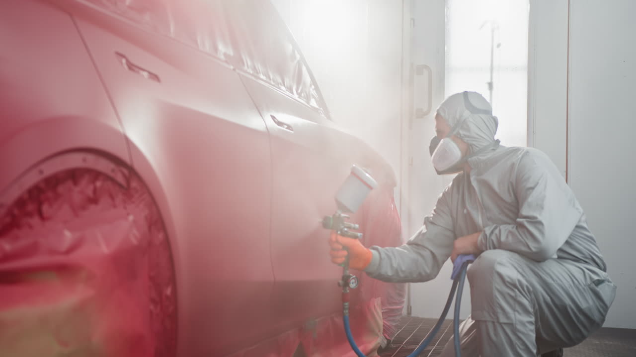 페인트 부스에서 자동차 페인팅