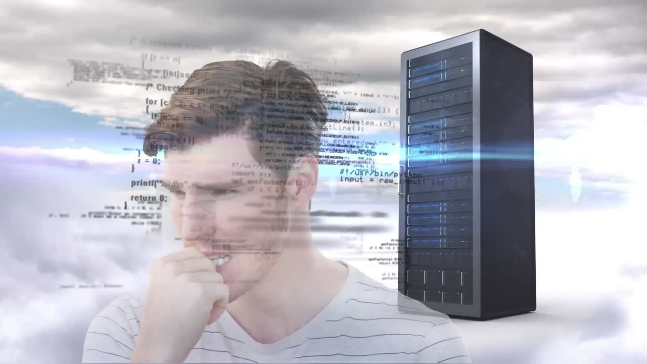 animación del procesamiento de datos sobre un hombre de negocios preocupado y un servidor de computadora