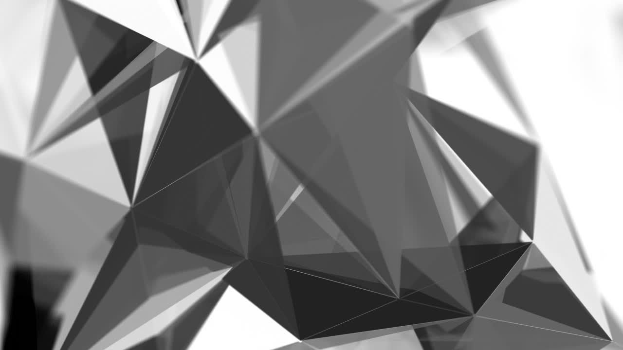 Abstract polygonal black and white background with triangles. Plexus of lines connecting points. Diamond crystals. Looped animation.