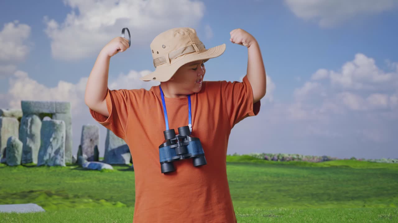 Asian Boy With A Hat And Binoculars Using The Magnifying Glass Then Flexing His Bicep While Traveling In Stonehenge. Boy Researcher Examines Something, Travel Tourism Adventure Concept