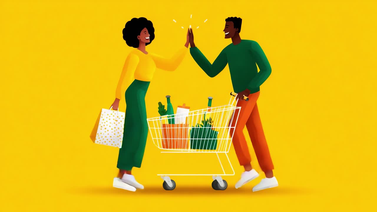 A joyful moment of connection: A couple shares a high-five in a vibrant setting filled with groceries, symbolizing teamwork, cooperation, and happiness in their shopping experience
