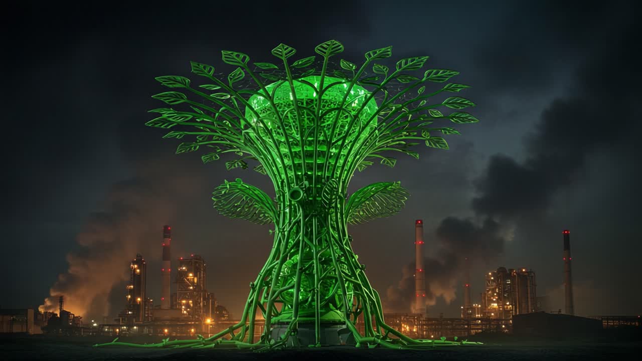 Eine markante grüne Struktur, die einem Baum ähnelt, steht hoch vor einer Kulisse aus industriellen Schornsteinen und zeigt eine Mischung aus Natur und urbaner Landschaft in der Dämmerung