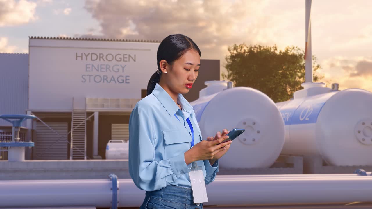 하이테크 산업 시설인 녹색 수소 공장에서 서있는 아시아 여성 직업 노동자의 측면 뷰.