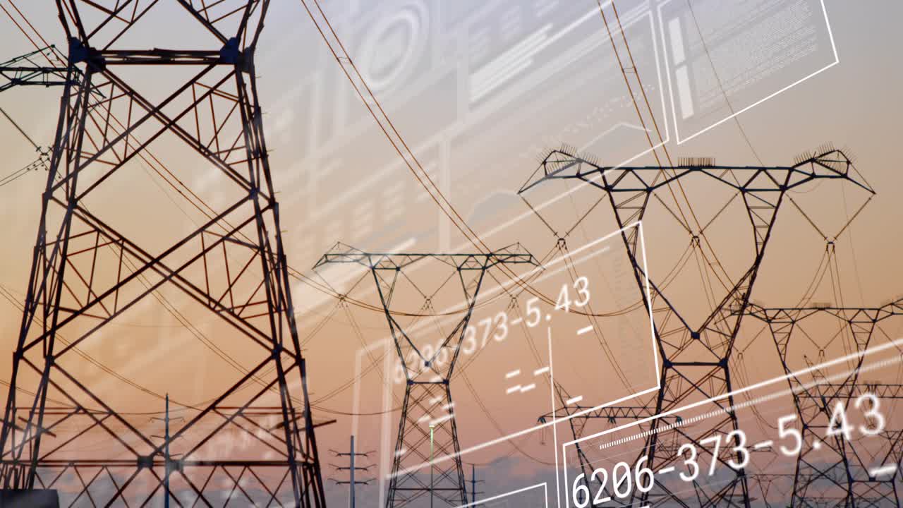 System scan starting at dusk, high-voltage towers standing while overlays sliding, annotating lines