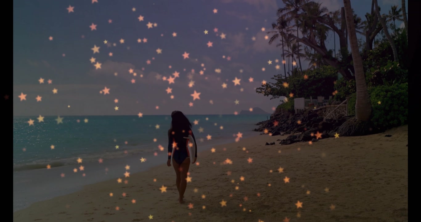 Surfing trip woman leaving ocean with surfboard heading ashore at dusk under glowing star overlay