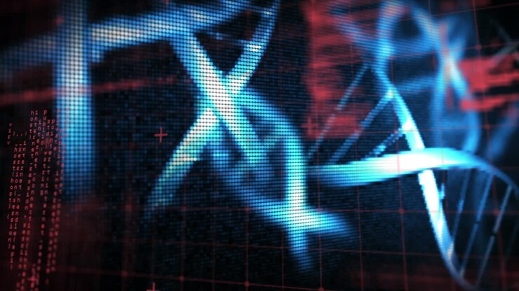 Animation of dna strand, computer circuit board and scientific data processing
