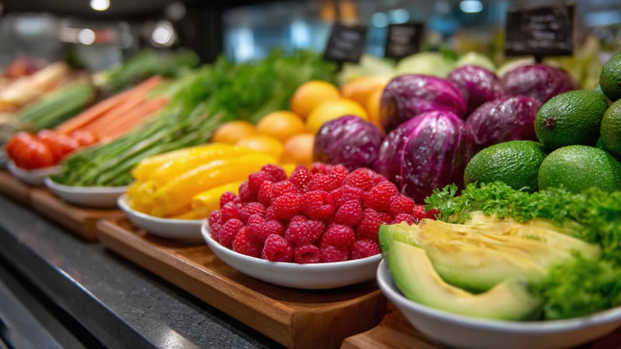 A Vibrant Display of Fresh Produce Showcasing an Abundance of Colorful Fruits and Vegetables for Health-Conscious Consumers in a Market Setting