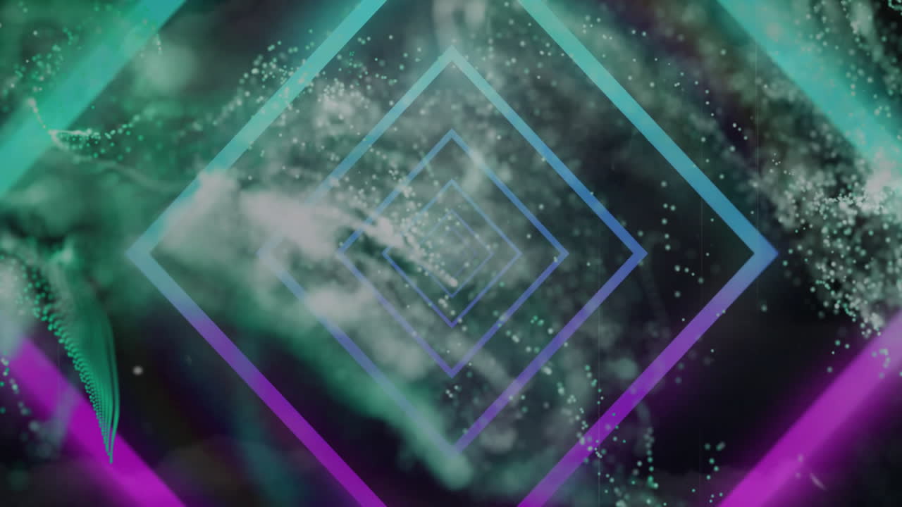 Colorful particles and geometric shapes forming dynamic animation pattern