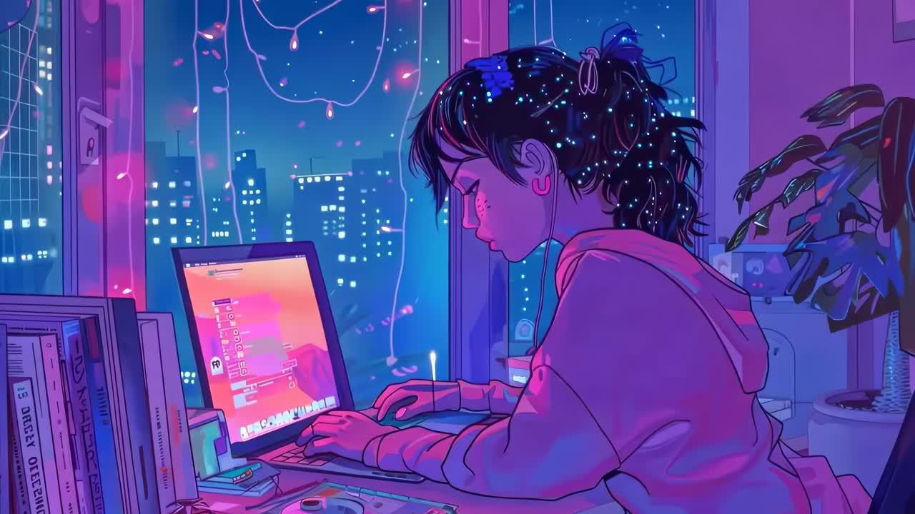 Digital art of a person at a laptop, cityscape view