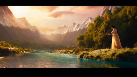 woman scattering petals into a serene river amidst majestic mountains at golden hour