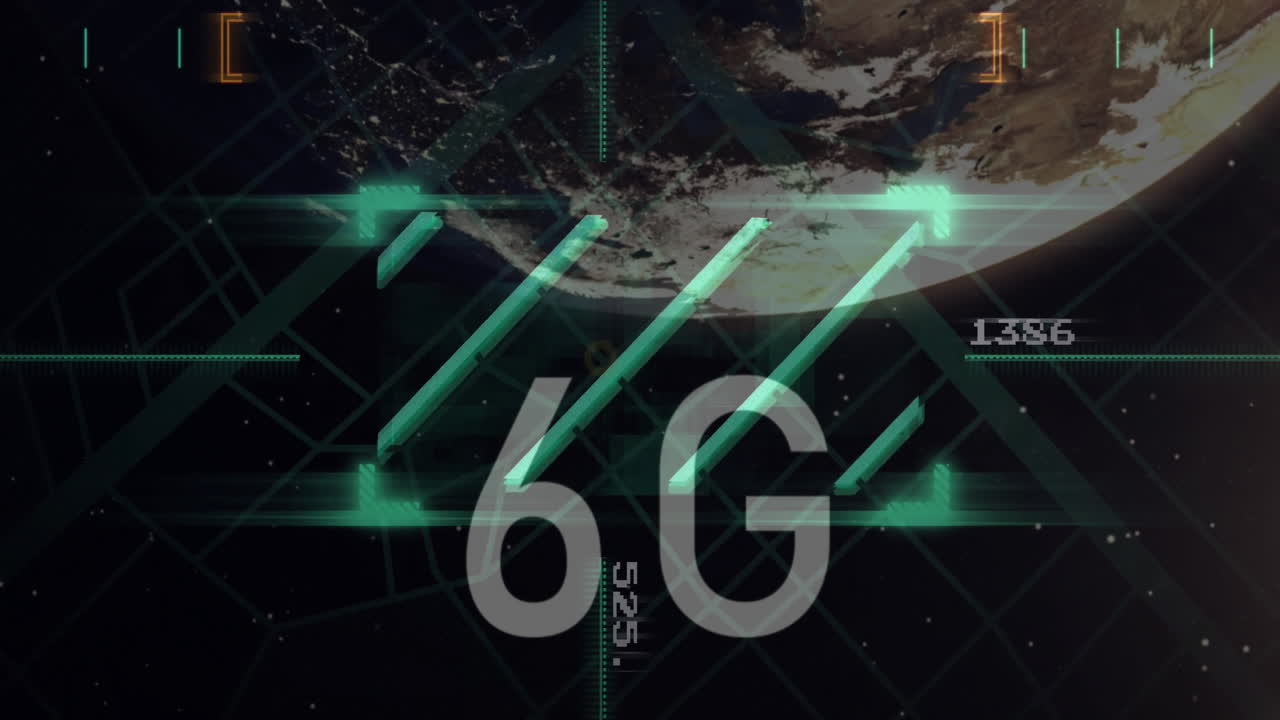 디지털 그리드와 함께 지구의 위성 뷰를 통해 6g 기술 애니메이션