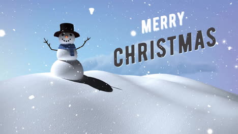 Animation-Von-Frohe-Weihnachten-Text-Und-Schnee-Fällt-über-Schneemann-In-Winterlandschaft