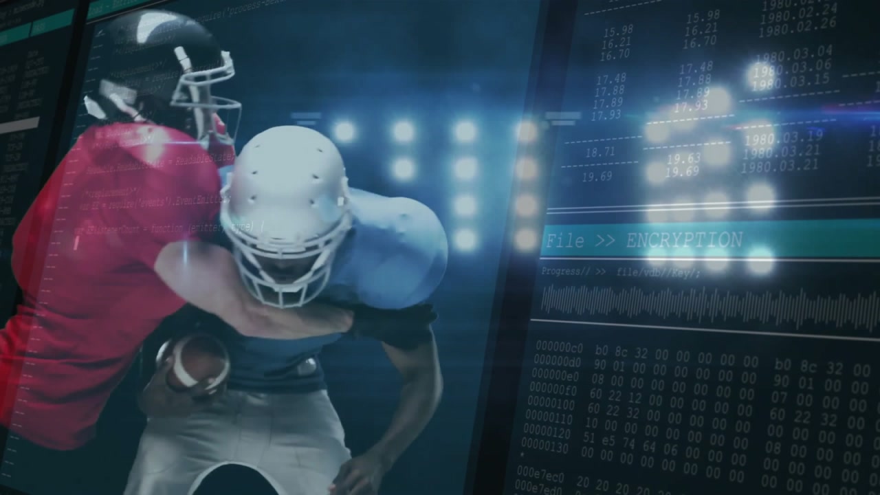 Ball carrier securing football sprinting with tech overlay before defender lunging making tackle