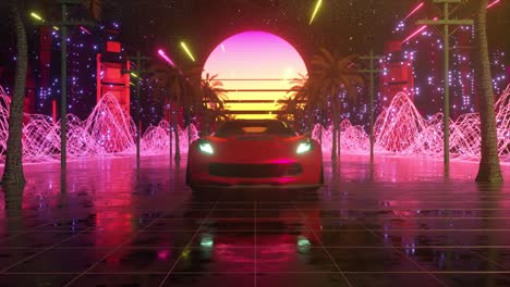 coche y ciudad en estilo neón. fondo de onda retro de los años 80 animación 3d. coche futurista retro conducir a través de la ciudad de neón. renderizado 3d de bucle sin costuras