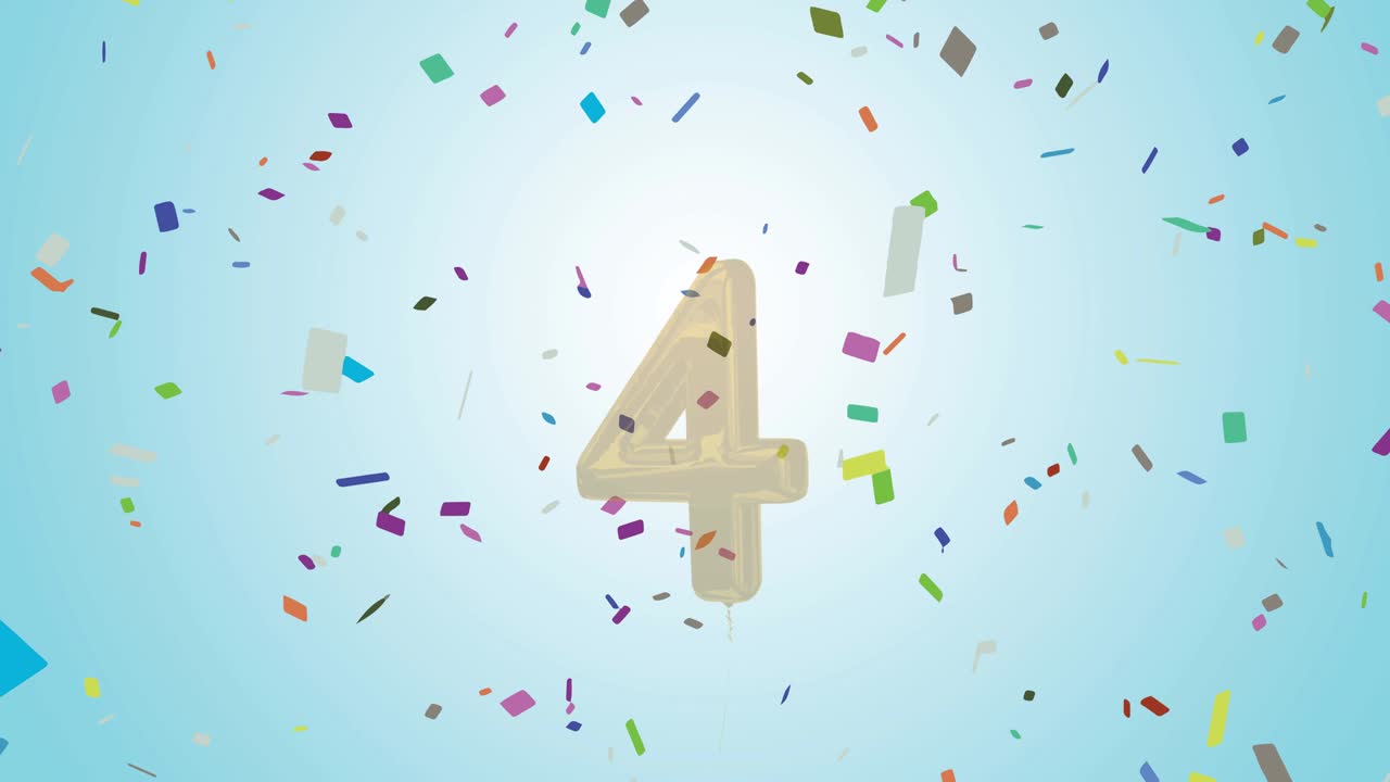 animación de números de globos de oro y confeti sobre fondo azul