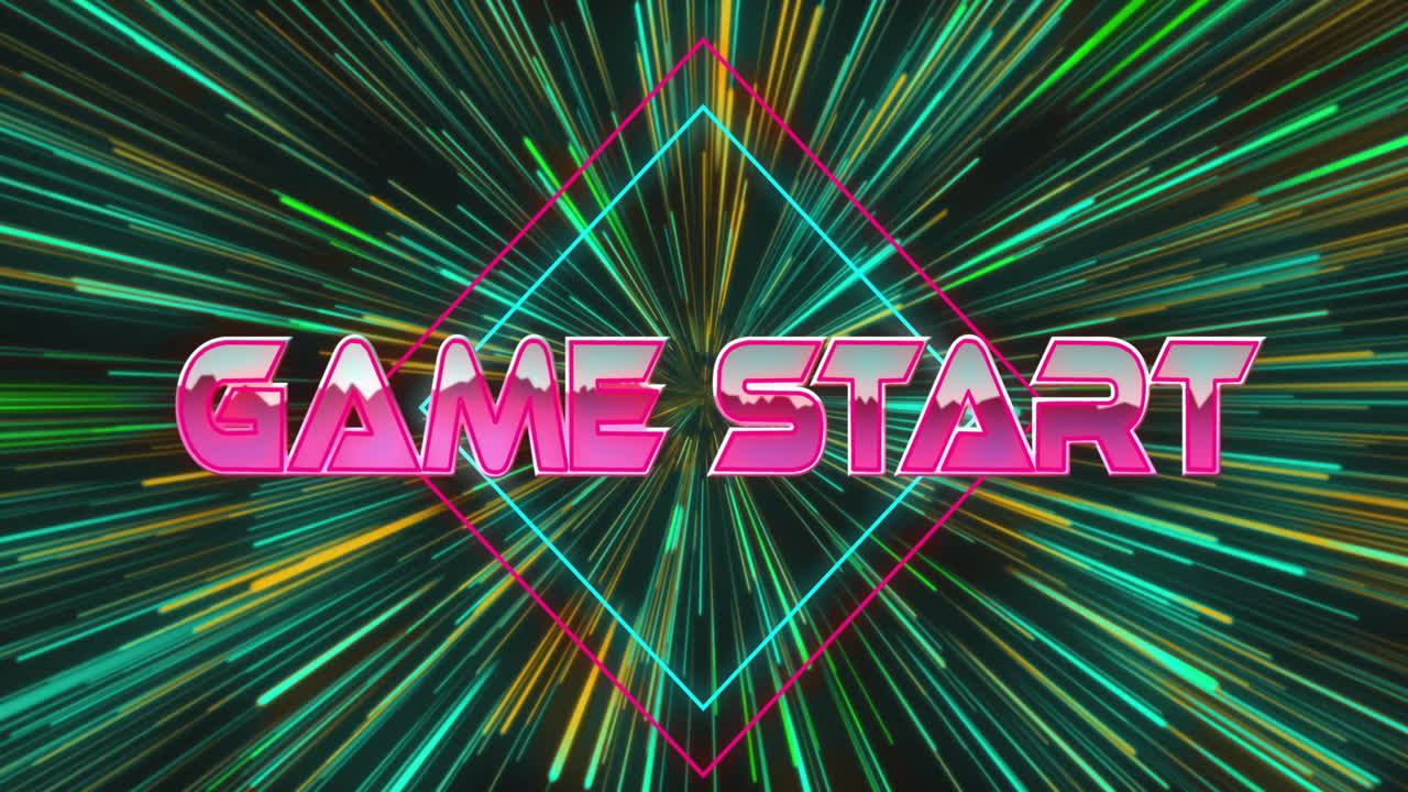 Neon colors and radial lines animating retro game start text on dynamic background