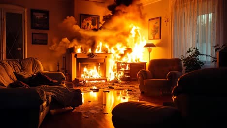 a living room filled with furniture and a fire in the fireplace