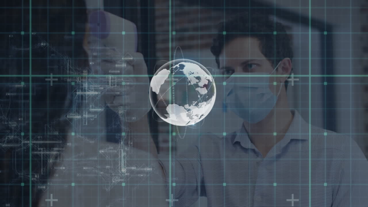 코카시안 사업가가가 얼굴 마스크를 착용하여 체온을 측정하는 전 세계 아이콘의 애니메이션