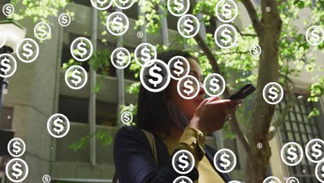 animación de símbolos de dólar sobre mujer biracial hablando en teléfono inteligente bebiendo café para llevar