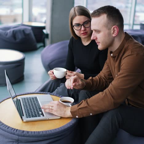 two smiling creative workers discussing project during meeting in cafe