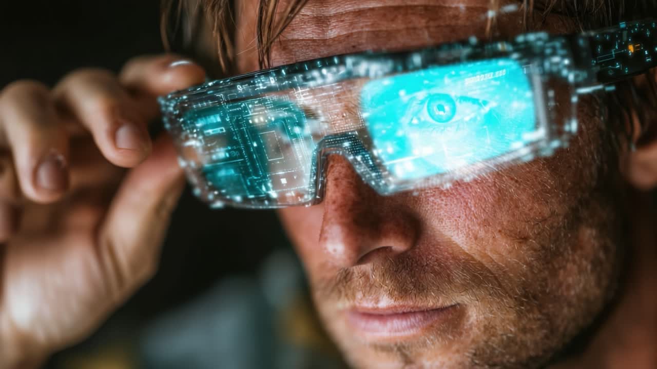 A Close-up View of a Person Using Advanced Augmented Reality Glasses to Engage with Holographic Displays, Merging Human Perception with Digital Information