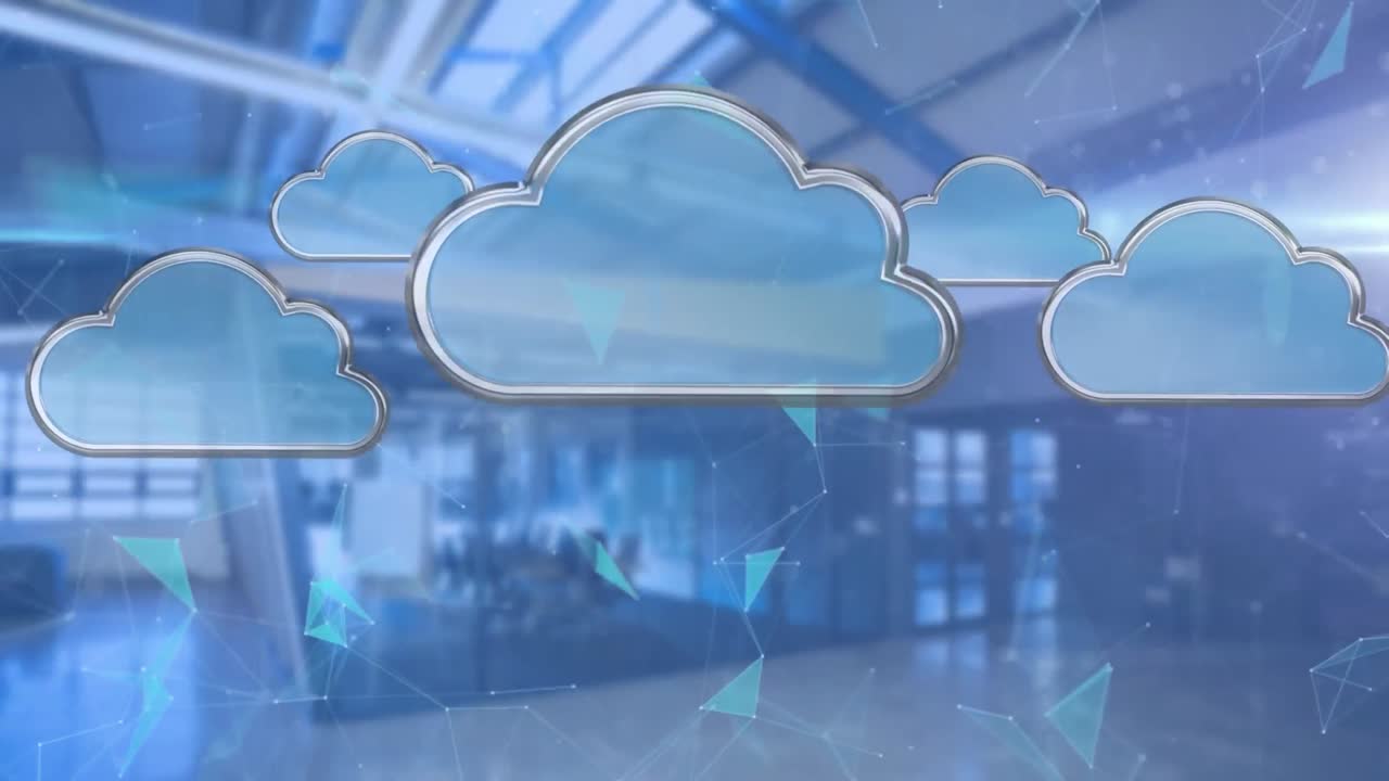 현대적인 사무실 인테리어 위에 디지털 클라우드 아이콘의 애니메이션