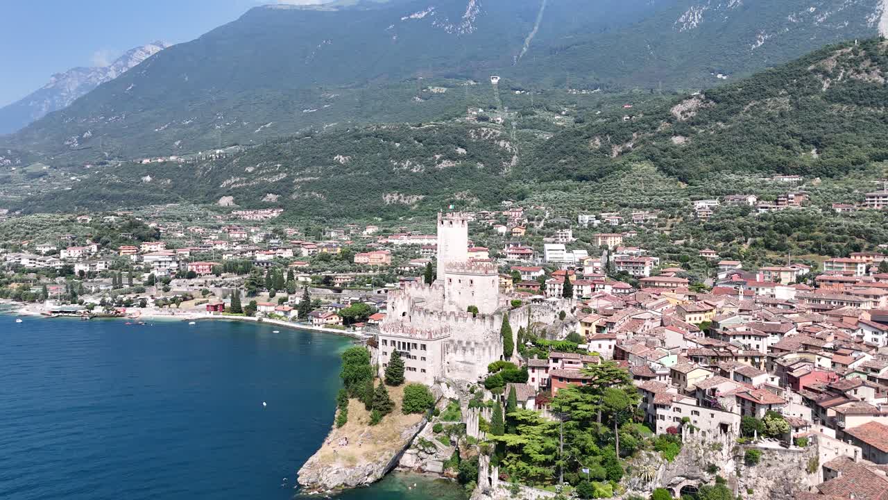Scaligero Castle Malcesine Lake Garda Italy reverse drone,aerial