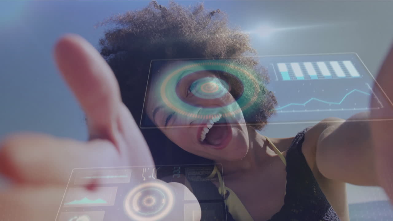 Reaching towards camera, smiling woman interacting with digital animation in school