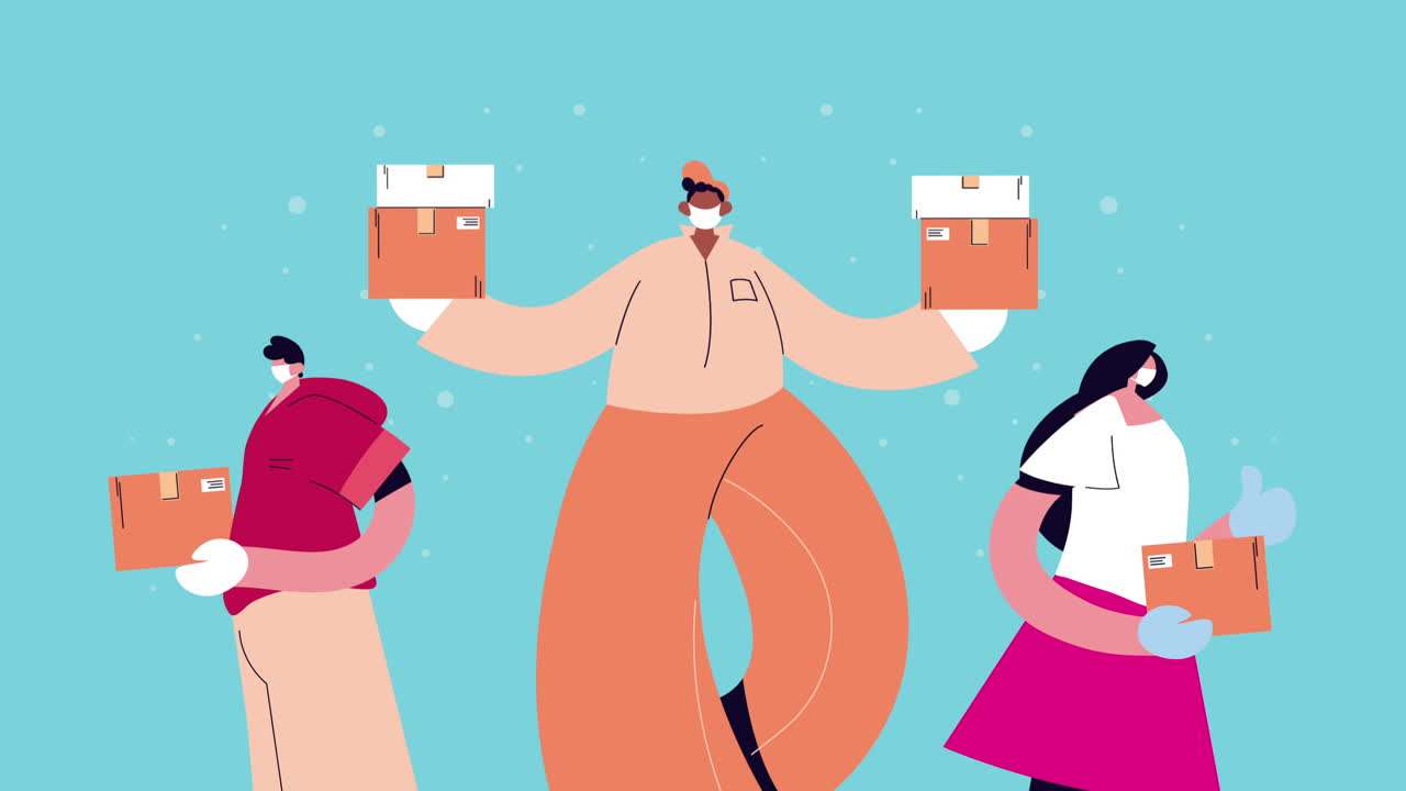 상자 애니메이션을 가진 배달 서비스 노동자